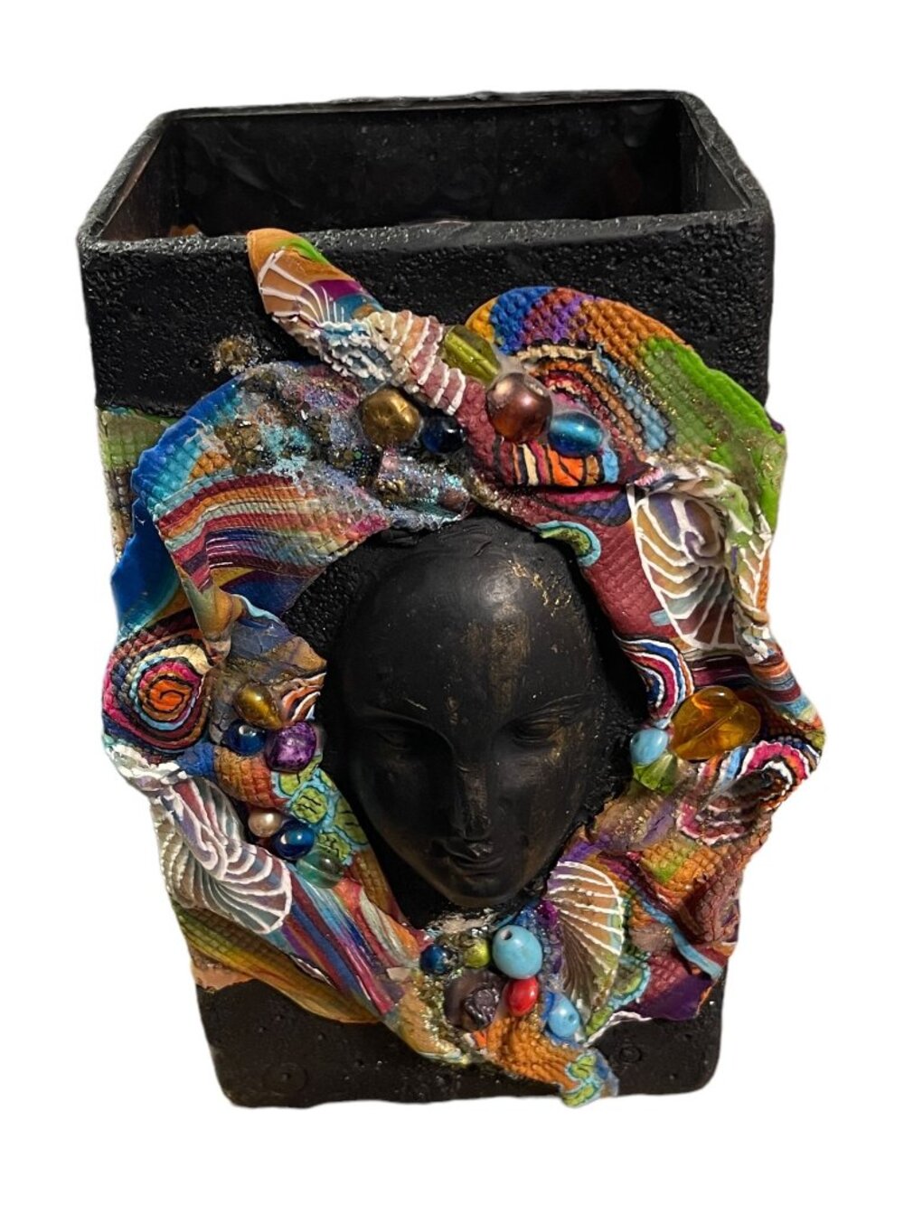 Handcrafted Eclectic Decorative Vase Multicolor Abstract Design Face Accent